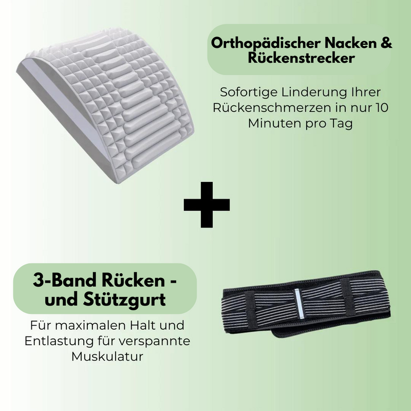 Orthopädischer Nackenstrecker und 3-Band Rückengurt zur Schmerzlinderung und Muskelentlastung.