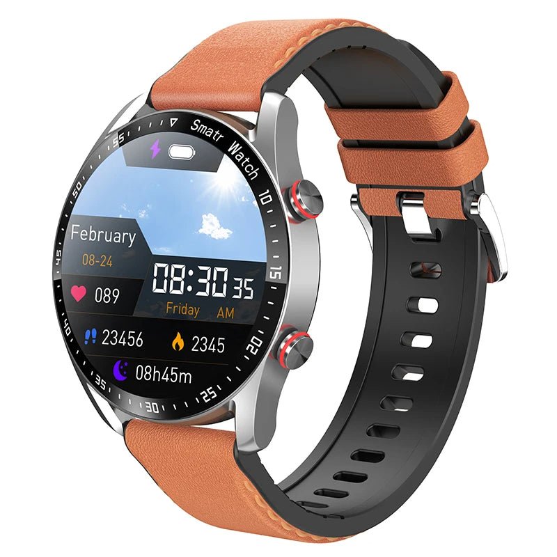Smartwatch mit silbernem Gehäuse, braunem Lederarmband, Fitness-Tracker, Touchscreen-Display.