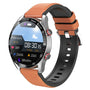 Smartwatch mit silbernem Gehäuse, braunem Lederarmband, Fitness-Tracker, Touchscreen-Display.