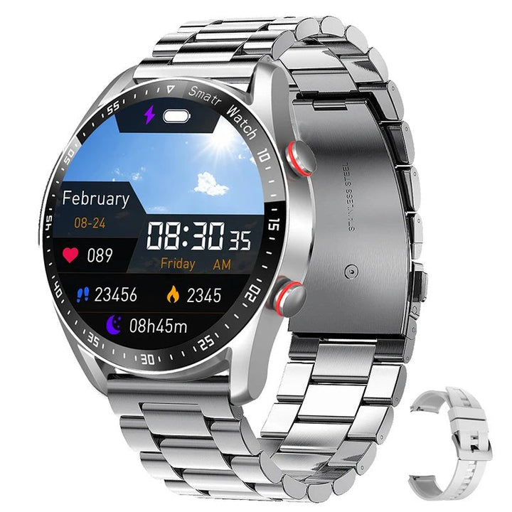 Silberne Smartwatch mit Metallarmband, Herzfrequenzmesser, Schrittzähler, Wetteranzeige.