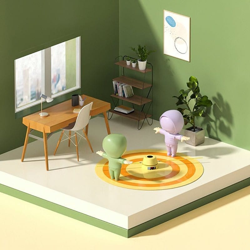 Zwei bunte Figuren im modernen Wohnzimmer mit Pflanzen und Schreibtisch, minimalistisch, verspielt.