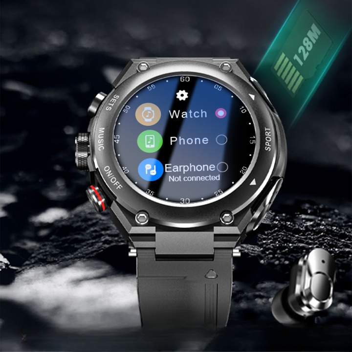 Smartwatch mit Bluetooth-Kopfhörern, schwarz, Edelstahl, Touchscreen, Fitness-Tracker.