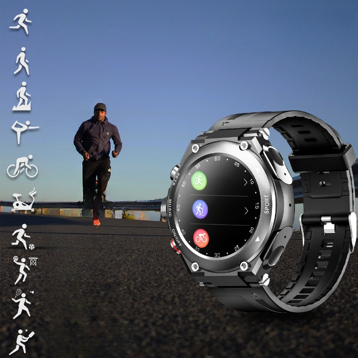 Smartwatch mit Bluetooth-Kopfhörern, schwarz, Fitness-Tracking, Sportmodus, wasserdicht.