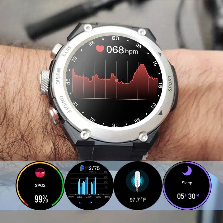Smartwatch mit Bluetooth-Kopfhörern, Herzfrequenzanzeige, Edelstahlgehäuse, Fitness-Tracking.