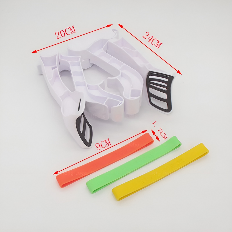 Weißer Kunststoff-Kleiderbügel-Organizer mit bunten Gummibändern, Maße 24x20 cm.