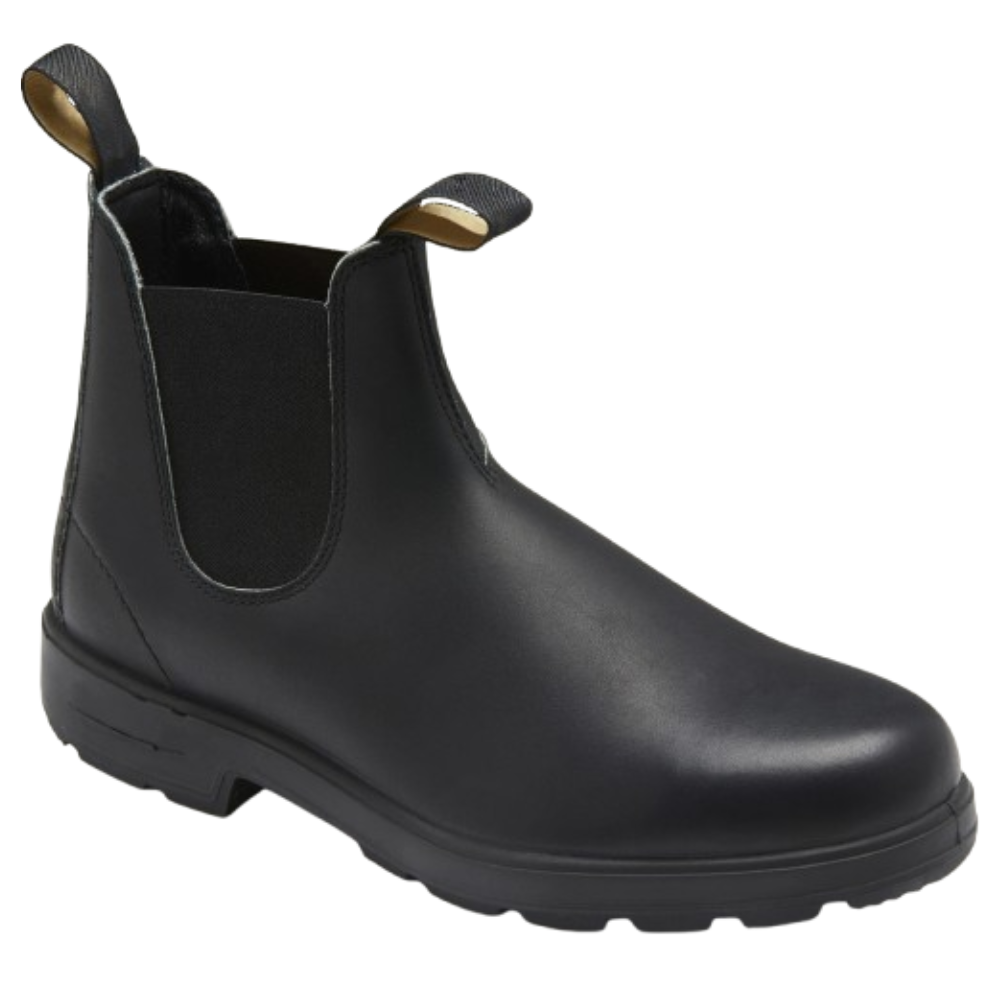 Schwarze Chelsea-Boots aus Leder, rutschfeste Sohle, ideal für Winter und Schnee.