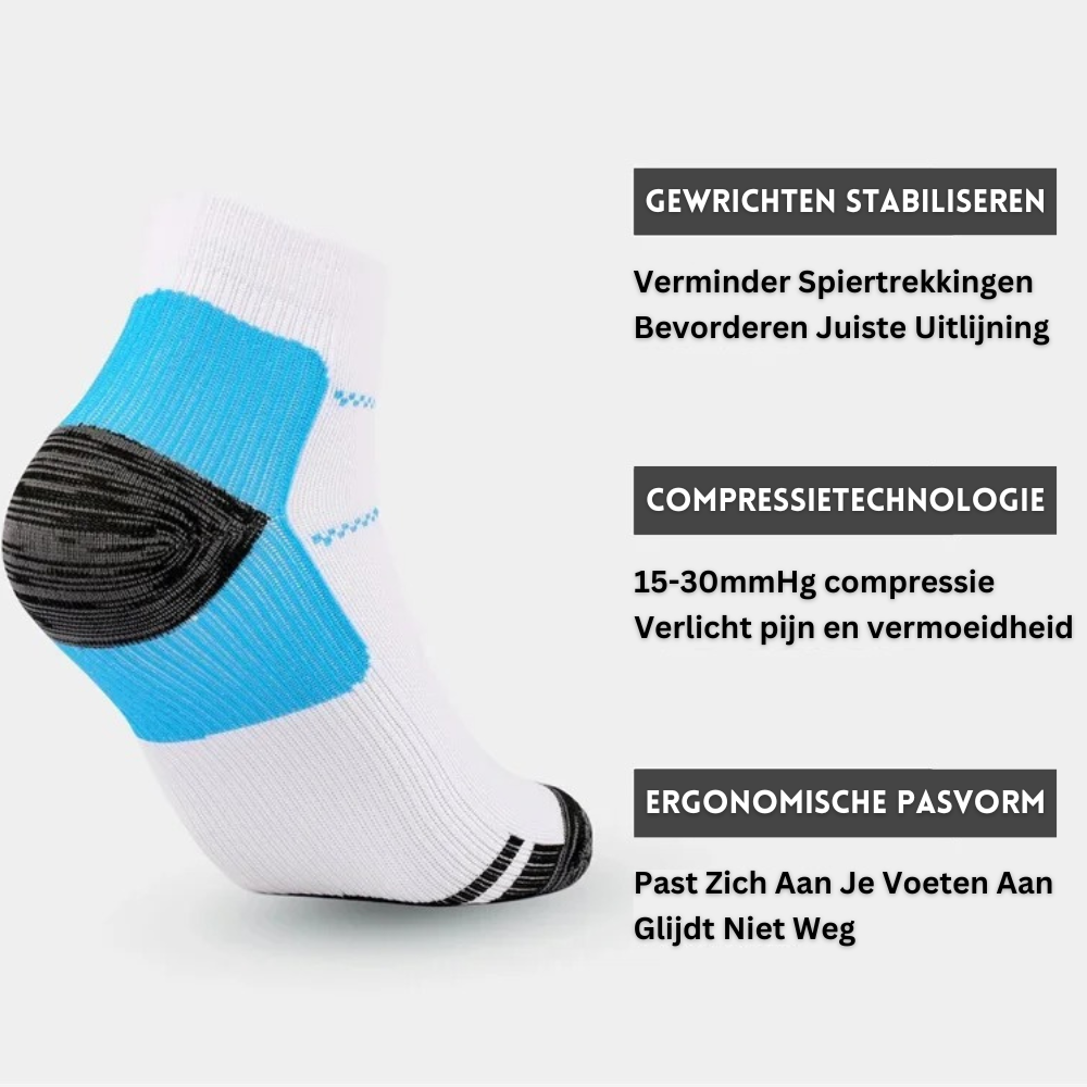 Weiße und blaue Kompressionssocke, ergonomisch, stabilisierend, 15-30mmHg, rutschfest.