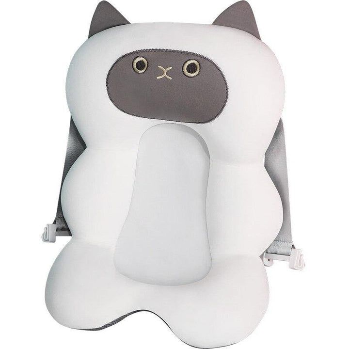 Weißes, rutschfestes Baby-Badewannenkissen in Katzenform, weich und ergonomisch.