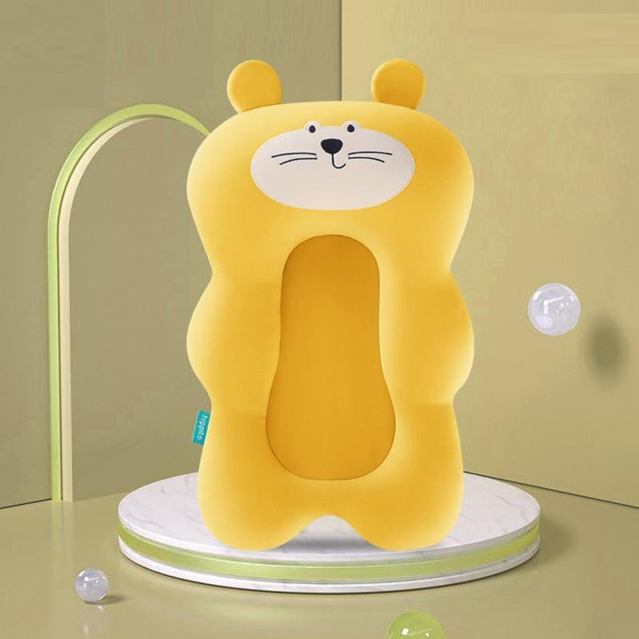 Gelbes, rutschfestes Baby-Badewannenkissen in Löwenform, weich und sicher.