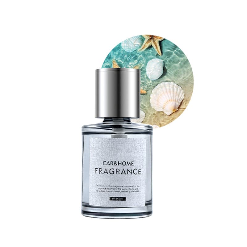 Klarer Glasflakon mit silbernem Deckel, Duft für Auto und Zuhause, Muschel- und Seestern-Dekor.