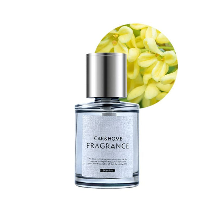 Klarer Glasflakon mit silbernem Deckel, Duft für Auto und Zuhause, gelbe Blüten im Hintergrund.