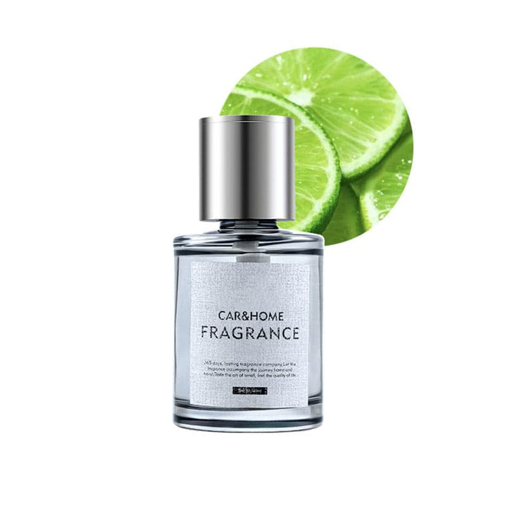 Parfümflasche mit Limettenduft, silberner Deckel, transparentes Glas, für Auto und Zuhause.