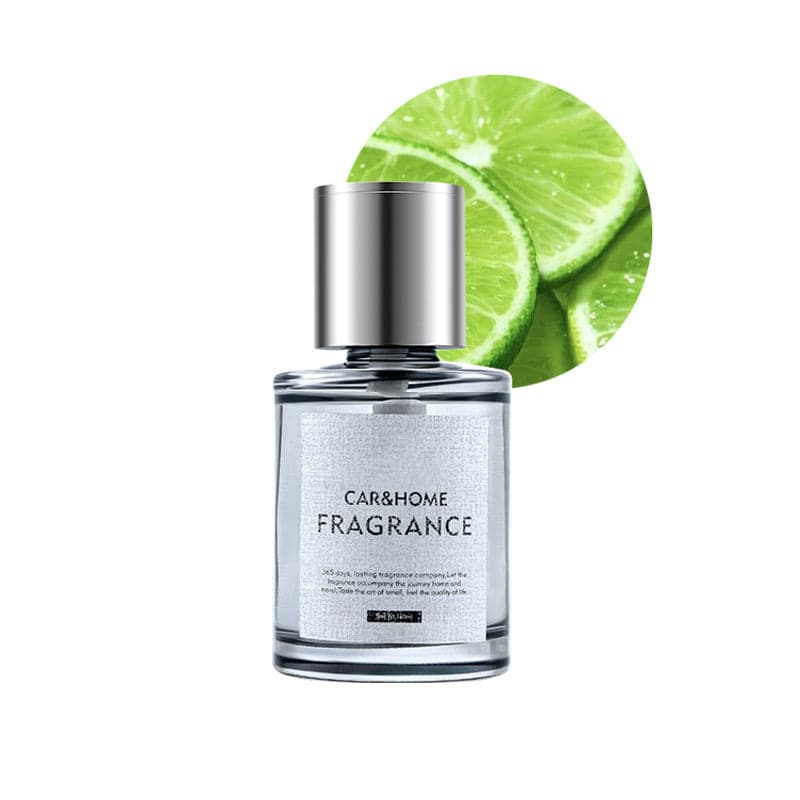 Parfümflasche mit Limettenduft, silberner Deckel, transparentes Glas, für Auto und Zuhause.