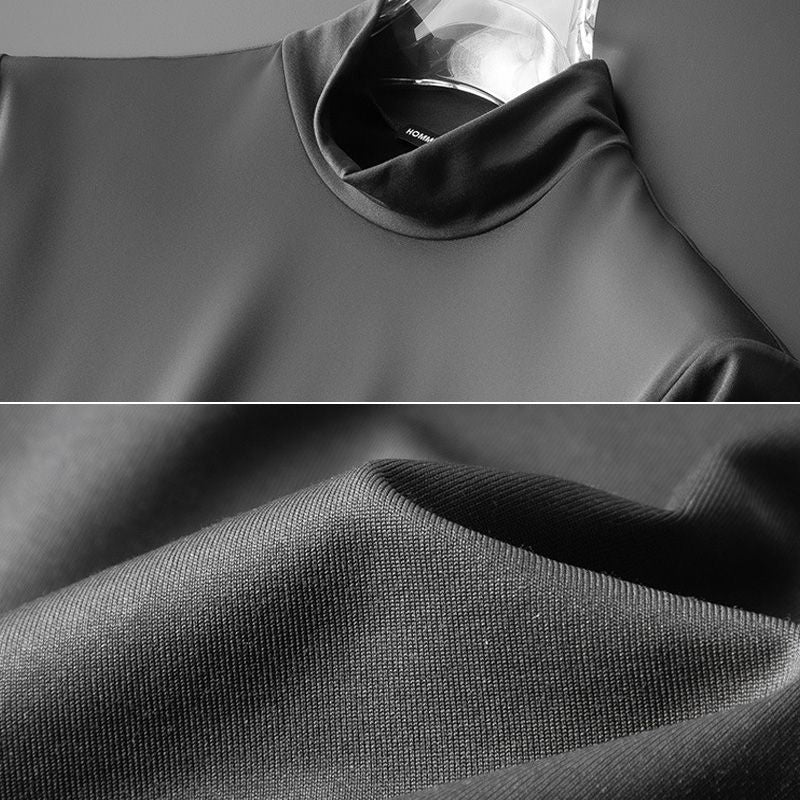 Schwarzes Rollkragen-Shirt aus Baumwolle, Nahaufnahme, weicher Stoff, modisch, elegant.