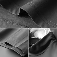 Schwarzes Herrenhemd aus Satin, Nahaufnahme, elegante Nähte, luxuriöses Design, modisch.