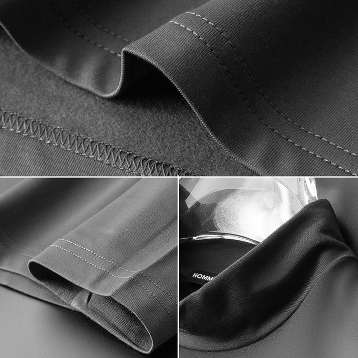 Schwarzes Herrenhemd aus Satin, Nahaufnahme, elegante Nähte, luxuriöses Design, modisch.