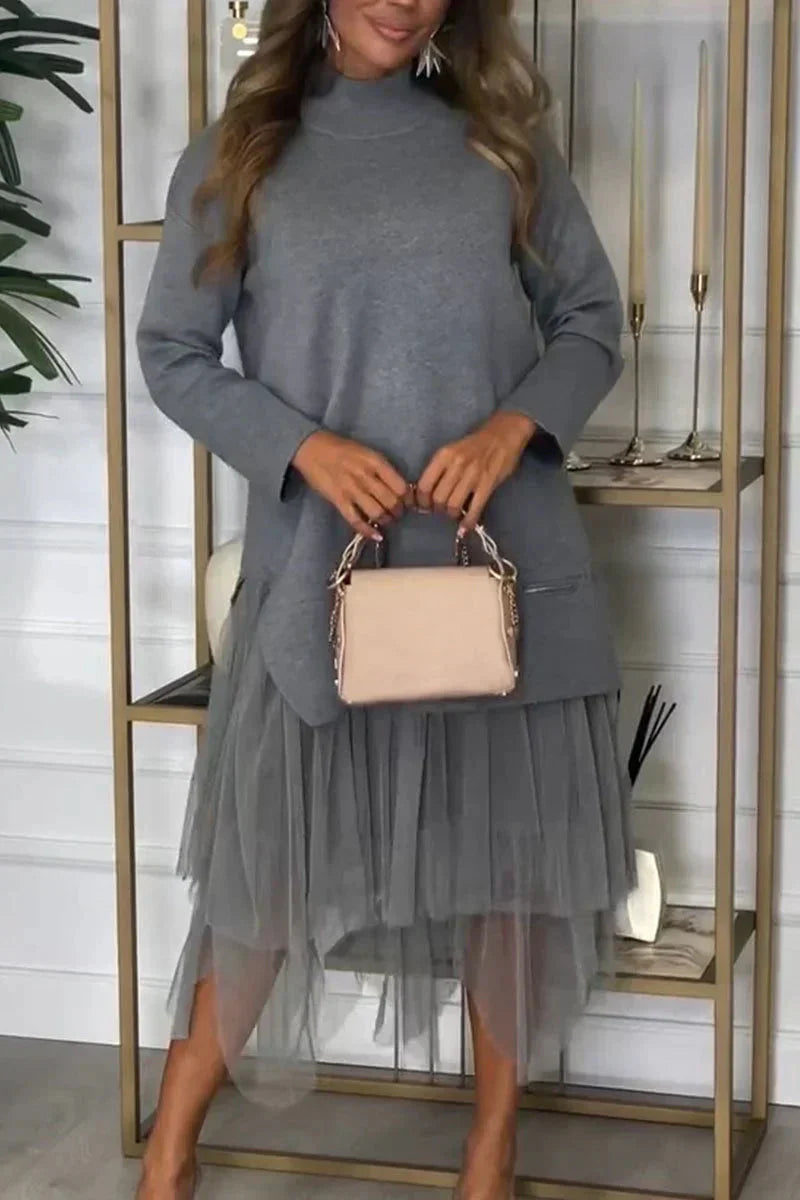 Lässiges Kleid mit langen Ärmeln und Mesh-Rock – Ysolde