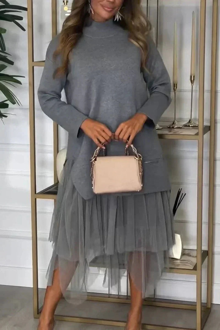 Lässiges Kleid mit langen Ärmeln und Mesh-Rock – Ysolde