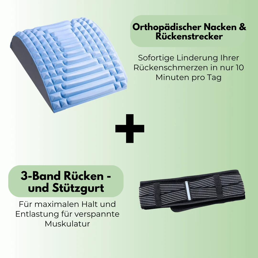 Orthopädischer Nackenstrecker und 3-Band Rückengurt, blau, für Schmerzlinderung und Unterstützung.