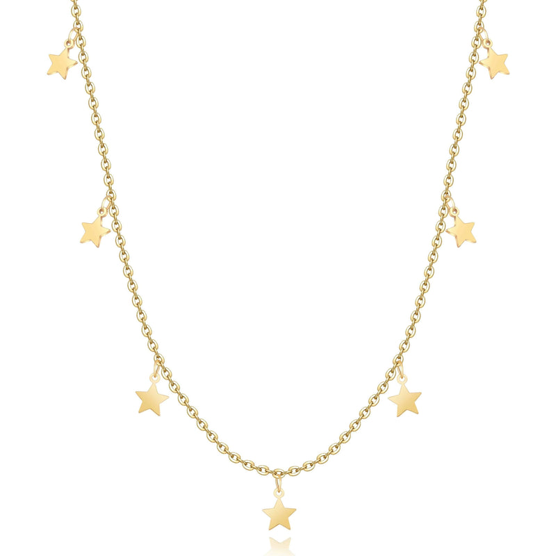 Goldene Sternenhalskette, filigranes Design, modischer Schmuck, Damenaccessoire.