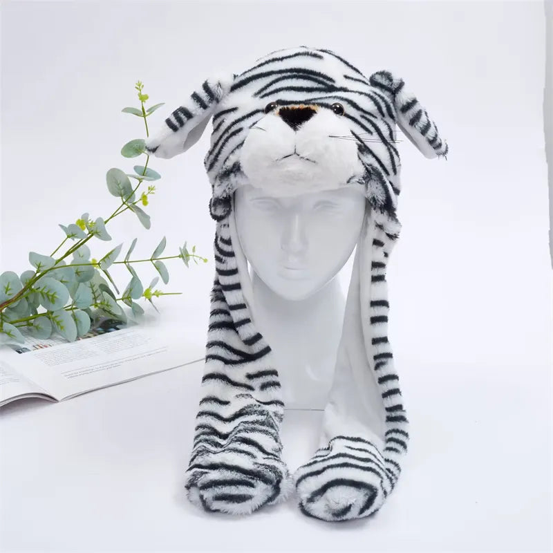 Plüsch-Tiger-Mütze mit Streifenmuster, schwarz-weiß, für Erwachsene, auf weißem Hintergrund.