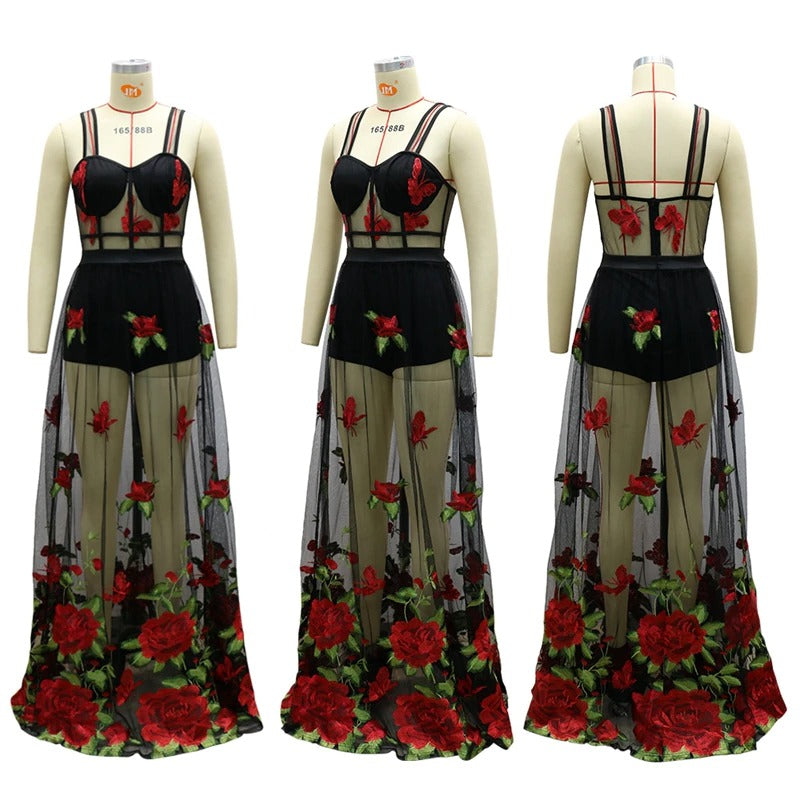 Maxikleid mit Blumenstickerei und Spaghettiträgern – Rosalie