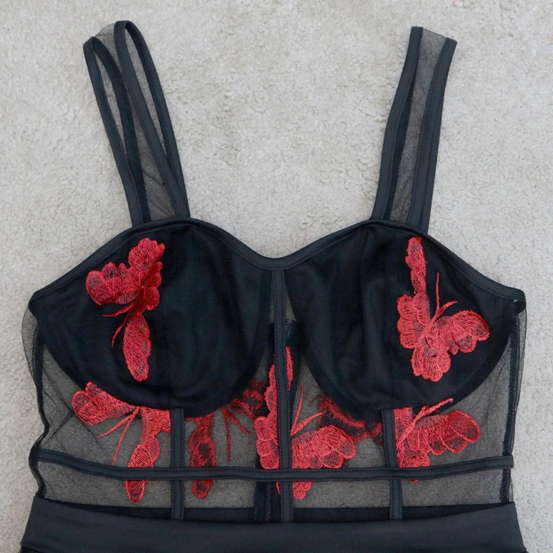 Maxikleid mit Blumenstickerei und Spaghettiträgern – Rosalie