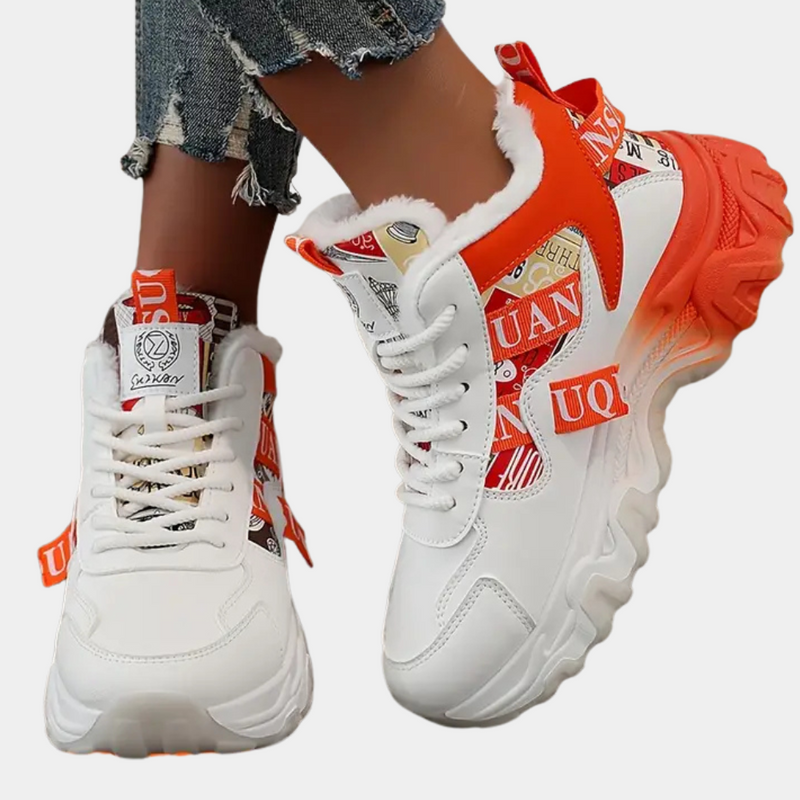 Weiße und orange Sneaker mit dicker Sohle, modisches Design, Damen, Freizeit, sportlich.