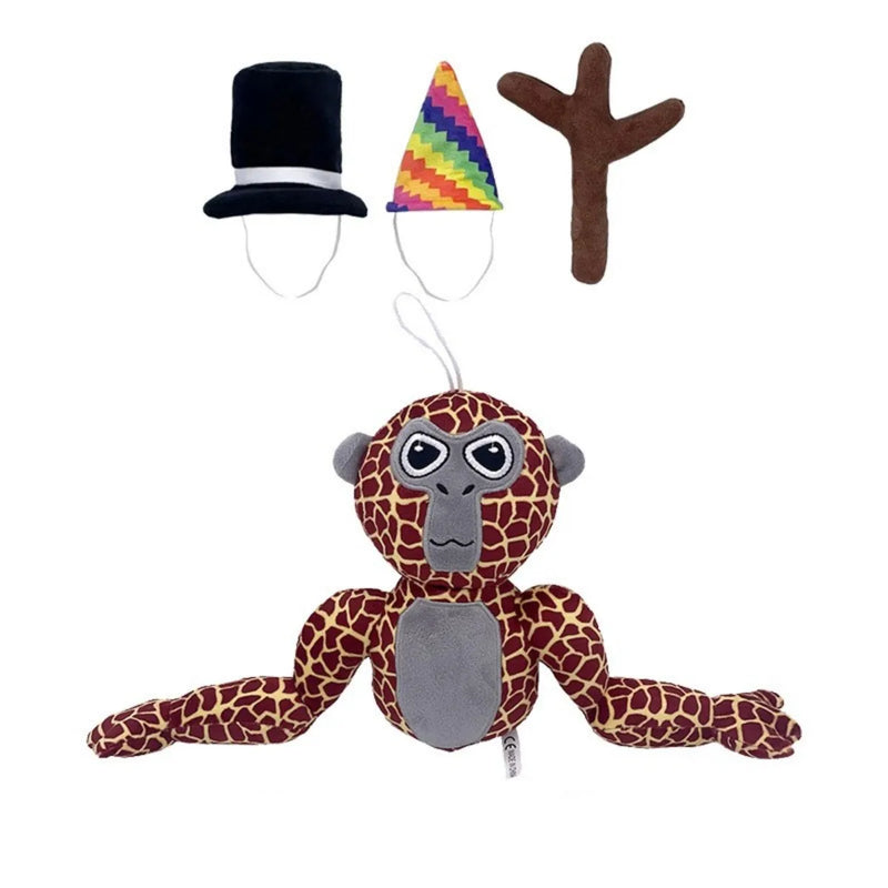 Gorilla-Stofftier mit Leopardenmuster, Zylinder, Regenbogenhut, Plüschspielzeug, Kinder.