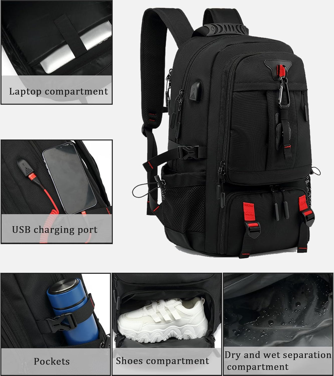 60L Wasserdichter Reise-Laptop-Rucksack mit USB und Schuhfach