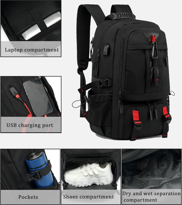 60L Wasserdichter Reise-Laptop-Rucksack mit USB und Schuhfach