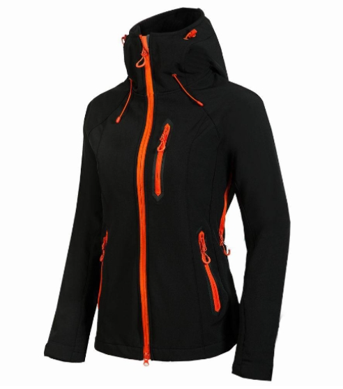 Schwarze Outdoor-Jacke mit orangefarbenen Reißverschlüssen, wasserdicht, winddicht, Kapuze.