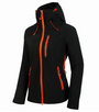 Schwarze Outdoor-Jacke mit orangefarbenen Reißverschlüssen, wasserdicht, winddicht, Kapuze.