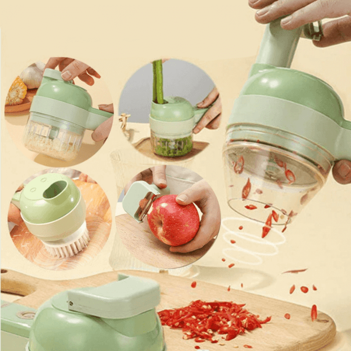 4-in-1 Küchentool, grün, multifunktional, Zerkleinerer, Schäler, Küchenhelfer, platzsparend
