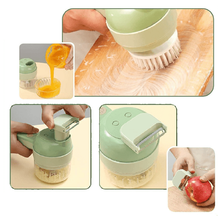 4-in-1 Küchentool, grün, vielseitig, Reiben, Schälen, Bürsten, Küchenhelfer, Kunststoff.