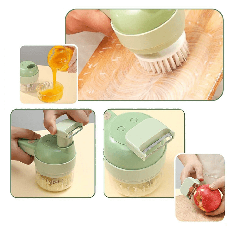 4-in-1 Küchentool, grün, vielseitig, Reiben, Schälen, Bürsten, Küchenhelfer, Kunststoff.