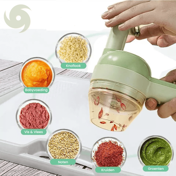 4-in-1 Küchentool, grün, zerkleinert Knoblauch, Babybrei, Fleisch, Nüsse, Kräuter, Gemüse.
