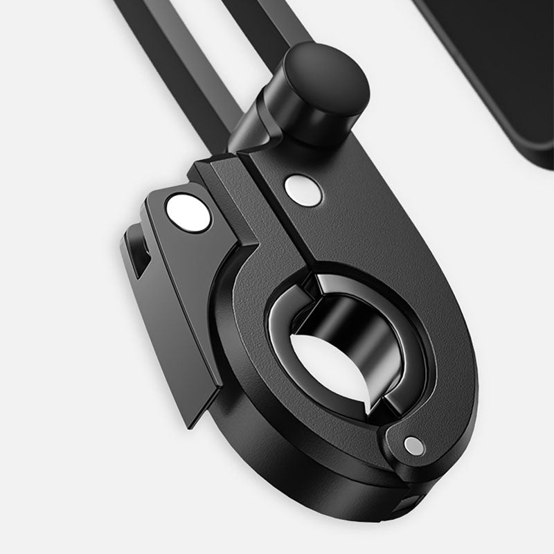 Schwarze Universalhalterung aus Metall für Fahrräder, robust und verstellbar.