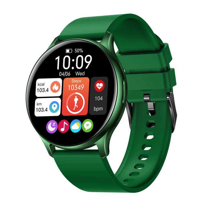 Grüne Smartwatch mit rundem Display, Fitness-Tracker, Herzfrequenzmesser, Schrittzähler.