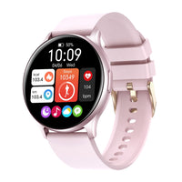 Rosa Smartwatch mit rundem Display, Fitness-Tracker, Herzfrequenzmesser, Kalorienzähler.