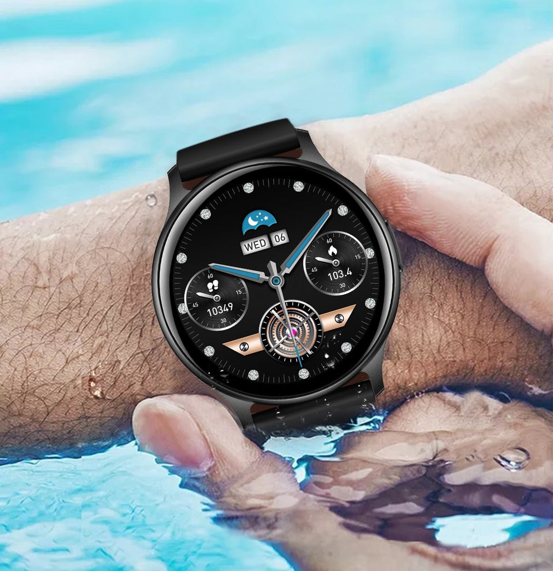 Schwarze Smartwatch am Handgelenk, wasserdicht, rundes Zifferblatt, Fitness-Tracker.