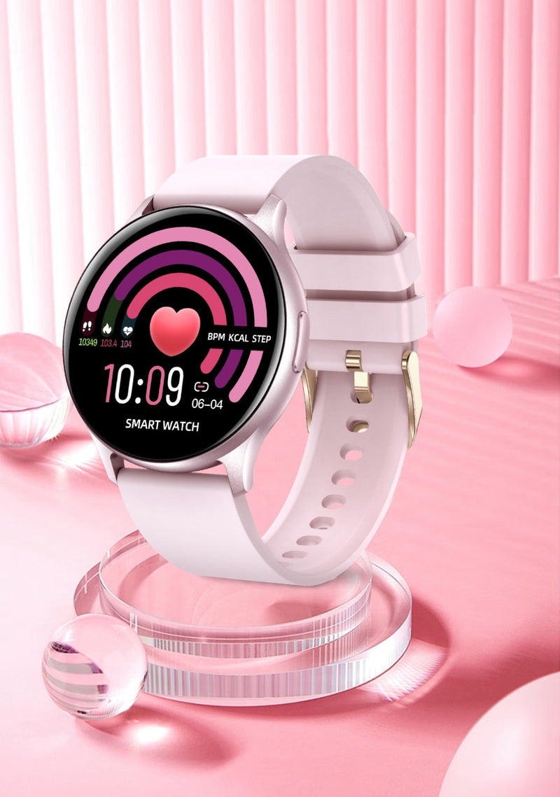 Rosa Smartwatch mit rundem Display, Fitness-Tracker, Herzfrequenzmesser, modernem Design.