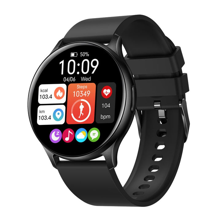 Schwarze Smartwatch mit rundem Display, Fitness-Tracker, Herzfrequenzmesser, Schrittzähler.