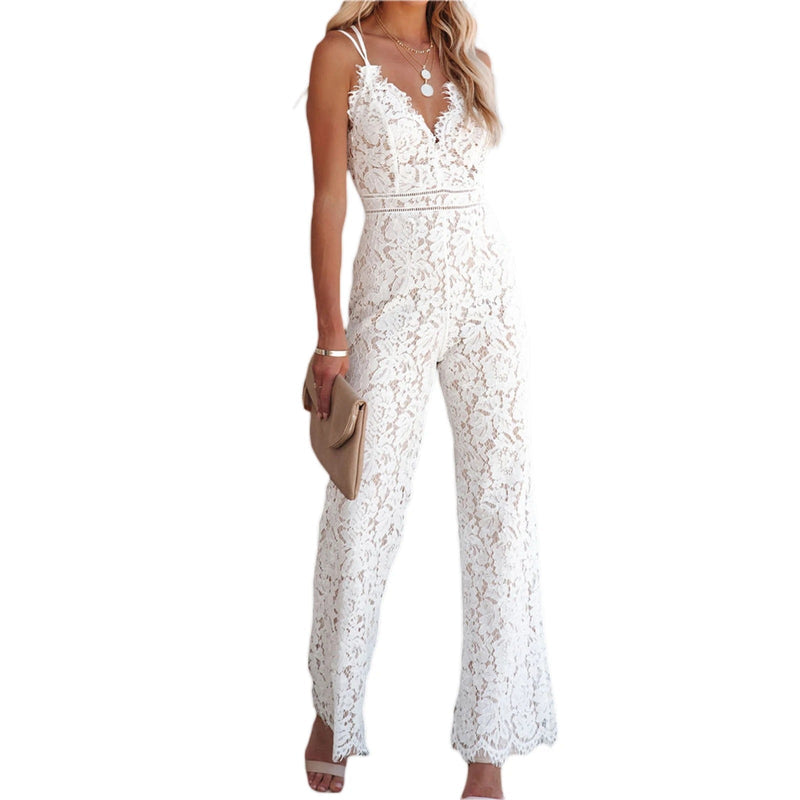 Figurbetonter Damen Jumpsuit mit Blumenmuster und Rückenausschnitt - SpitzenBlüte
