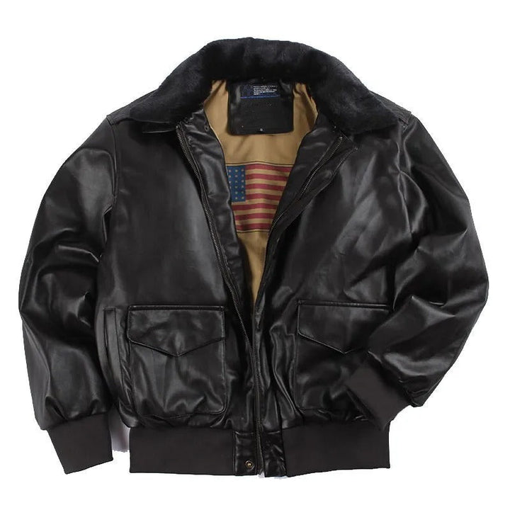 Schwarze Lederjacke mit Fellkragen, amerikanische Flagge innen, modisch, Herrenbekleidung.