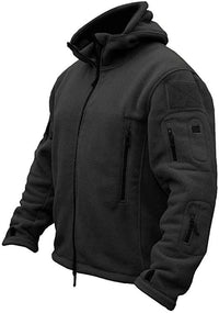 Schwarze Fleecejacke mit Kapuze, Reißverschlusstaschen, Outdoor-Bekleidung, Herrenmode.