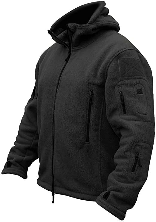 Schwarze Fleecejacke mit Kapuze, Reißverschlusstaschen, Outdoor-Bekleidung, Herrenmode.