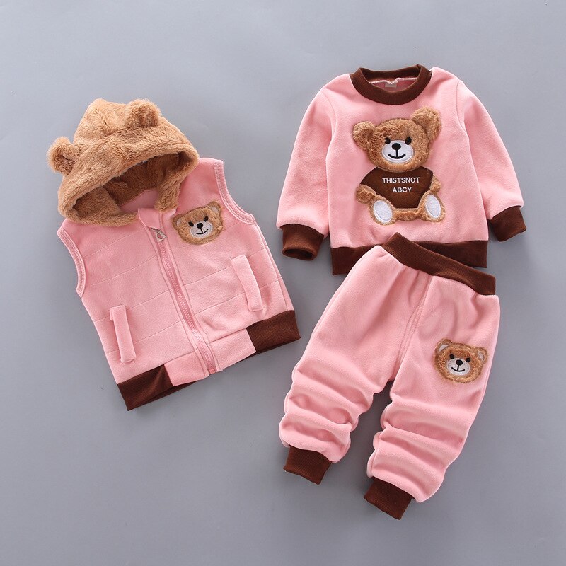 Rosa Baby-Set mit Bärenmotiv, Kapuzenweste, Pullover und Hose, weicher Fleece-Stoff.