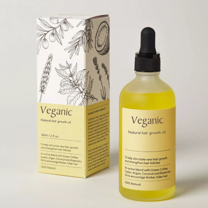 Veganic natürliche Haarwuchsölflasche mit Verpackung, 60ml, vegan, 100% natürlich.
