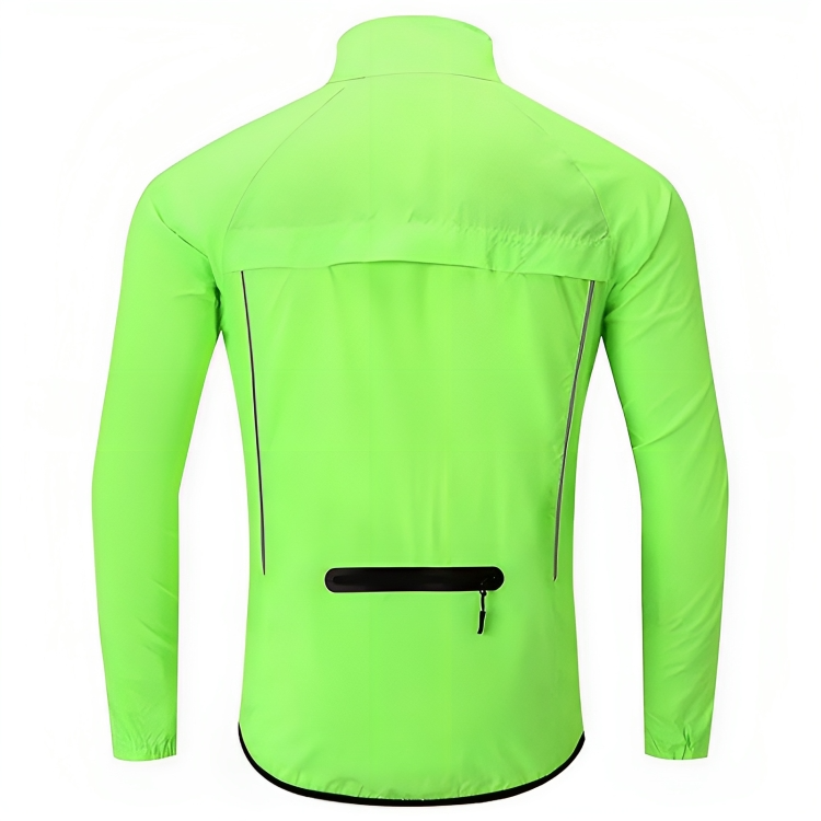 Neongrüne Fahrradjacke, wasserabweisend, mit Reißverschlusstasche, reflektierende Details.